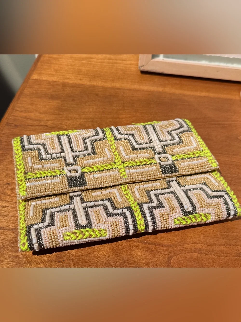Beaded Geometric Clutch Crossbody – Cream Gunmetal Lime